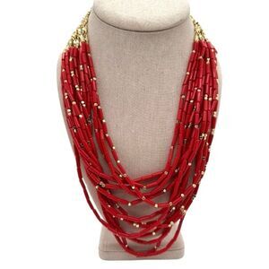 Stella & Dot Red Coral Gold Tone Beaded Multi Strand Statement Necklace
